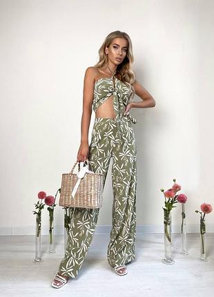 Жіночий женский стильный стильний костюм двойка двійка майка топ топик штани і и штаны стильний літній летний зелёный