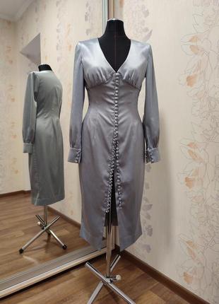 Платье в стиле ретро винтаж с пуговицами голубо-серого цвета