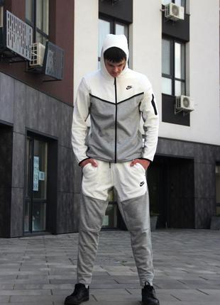 Спортивный костюм nike tech fleece серый с белым мужской найк теч флис кофта + штаны