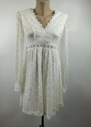Женское короткое кружевное платье, свободное белое платье с рукавом.