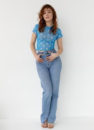 Жіноча топ-футболка із сітки блакитний5 фото