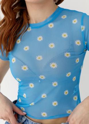 Жіноча топ-футболка із сітки блакитний2 фото