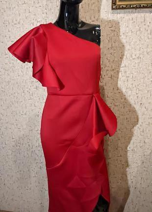 Красное миди платье на одно плечо из неопрена