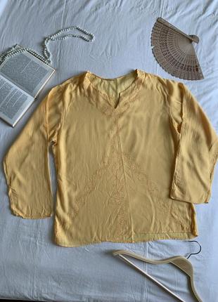 Натуральная желтая легкая блуза -туniка с вышивкой (размер 44-46)1 фото