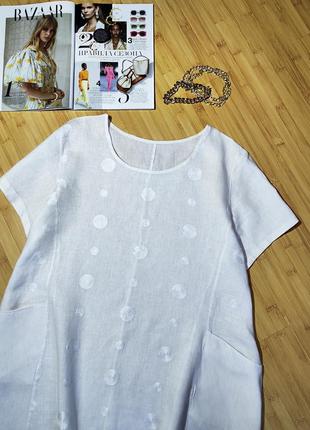 Біле лляне плаття туніка💔
 в стилі бохо з кишенями4 фото