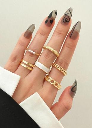 Набор колец модние стильные трендовые кольца колечка в стиле бохо винтажние кольца с жемчугом фланговые кольц винтажние кольца а1 фото