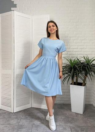 Летнее голубое женское платье миди с короткими рукавами2 фото