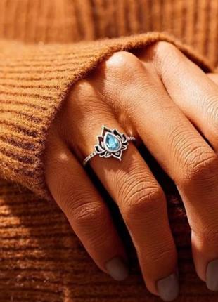 Кольцо с цветком лотоса серебристое колечко с синим камнем колечок кольцо в стиле бохо