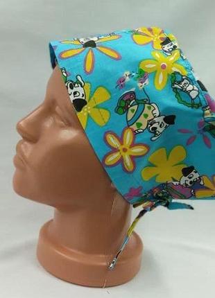 Шапочка медицинская профмода “американо” принт.100% хлопок  завязки  принт собачки/цветочки