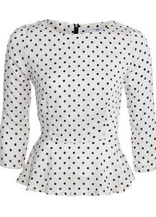 Белая блуза в горошек шелковая атласная с баской стрейч черными точками2 фото