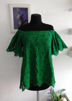С-м мереживна ошатна блуза з відкритими плечима красивого смарагдового кольору1 фото