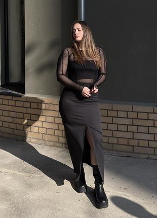 Черная макси-юбка костюмная максы юбка с разрезом чёрная костюмная