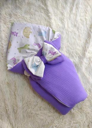 Летний конверт на выписку, муслин, фиолетовый с  принтом