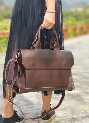 Сумка кожаная женская коричневая винтажная crazy horse портфель шоппер деловая8 фото