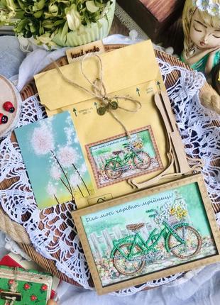 Картина з підставкою панно зелений велосипед «для моєї чарівної мрійниці», полотно, хендмейд, ручна робота6 фото