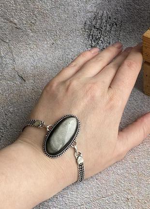 Браслет обсидіан браслет з натуральним каменем обсидіан сріблястий браслет з обсидіаном у сріблі. індія2 фото