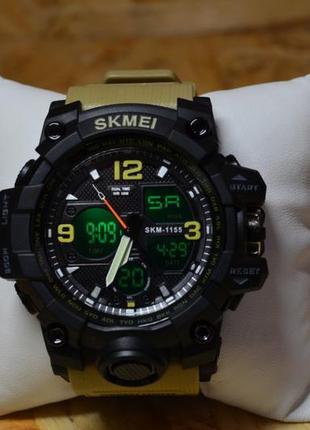 Спортивные тактические водостойкие часы skmei 1155 b чёрные с хаки ремешком койот2 фото
