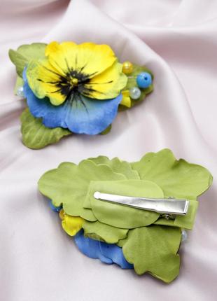 Заколка для волосся фіалка блакитна/жовта, аксесуар для волосся квітка братик ручної роботи з фоамірану3 фото