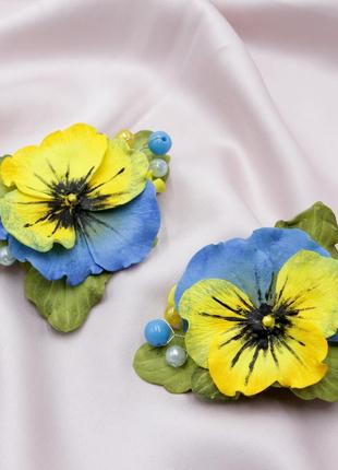 Заколка для волосся фіалка блакитна/жовта, аксесуар для волосся квітка братик ручної роботи з фоамірану2 фото
