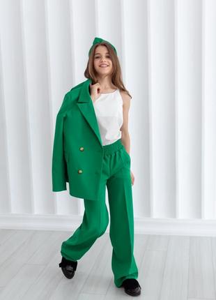 Костюм дитячий підлітковий брючний для дівчинки двобортний піджак штани зелений шкільний випускний8 фото