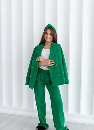 Костюм дитячий підлітковий брючний для дівчинки двобортний піджак штани зелений шкільний випускний4 фото