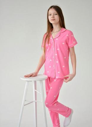 Гарна та стильна дитяча піжама для дівчинки на гудзиках (штани і кофта) family look рожева
