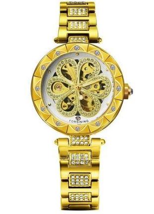 Классические механические мужские наручные часы forsining flower diamonds gold-white