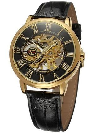 Классические механические мужские наручные часы forsining 8099 black-gold-black