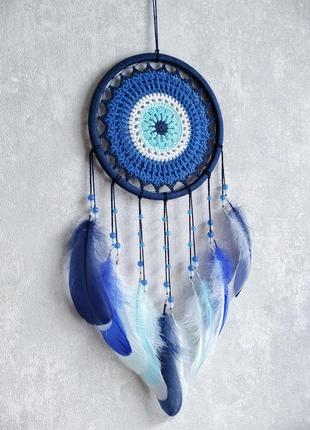 Синий эко-ловец снов ручной работы, оберег "глаз фатимы". диаметр 19 см1 фото