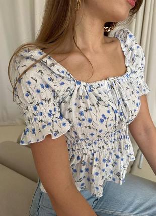 Женская блуза белая блузка цветочный корсет нарядная синий голубой розовый цветок5 фото