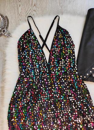 Черное блестящее разноцветное вечернее короткое секси мини платье декольте пайетки блестки4 фото