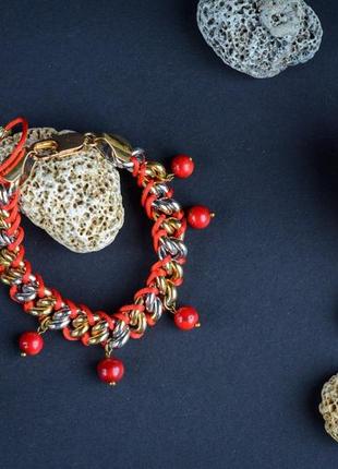 Дизайнерский браслет с натуральным кораллом в позолоте "ягодки"🍒2 фото