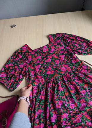 Платье в цветочек хлопок s розовое фуксия яркое миди пышное объемное5 фото