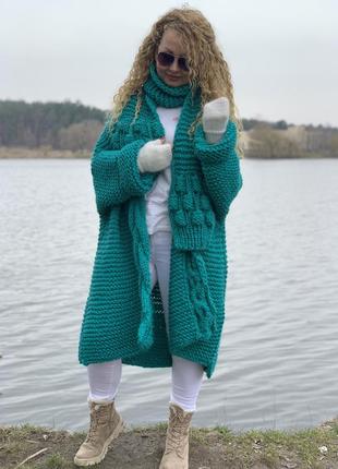 Кардиган оверсайз с косой вязаный пальто коса малинки вязаное с шарфом6 фото