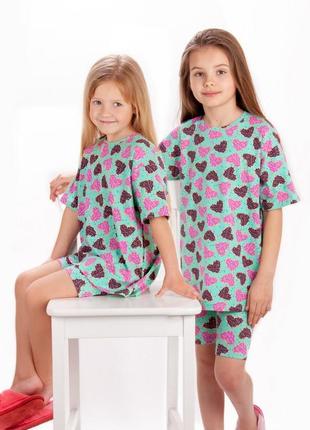 5цветов❗ качественная летняя пижама, хлопковая ментоловая пижама в горошек сердечка, хлопковая летняя пижама для девчонки1 фото