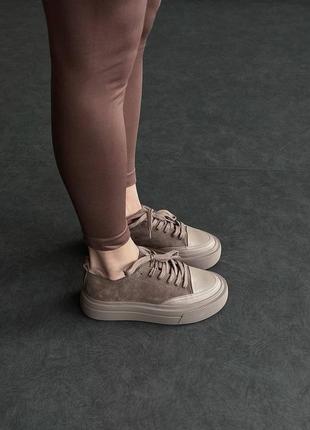 Кроссовки кеды натуральная кожа замша мокасины слипоны на высокой подошве трендовое коричневый