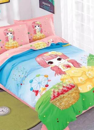 Модный полуторный комплект постельного для девочки с большим рисунком “сказочная поляна”