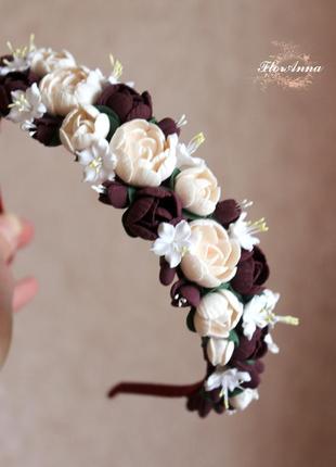 Шикарный обруч-веночек для невесты ручной работы "элегантный бордо"5 фото