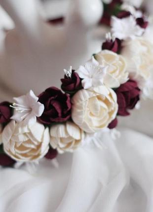 Шикарный обруч-веночек для невесты ручной работы "элегантный бордо"4 фото