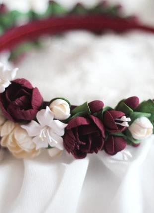Шикарный обруч-веночек для невесты ручной работы "элегантный бордо"3 фото