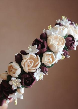 Шикарный обруч-веночек для невесты ручной работы "элегантный бордо"7 фото