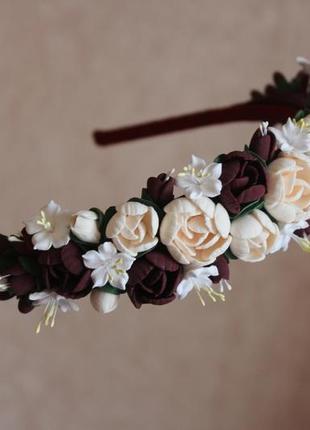 Шикарный обруч-веночек для невесты ручной работы "элегантный бордо"9 фото