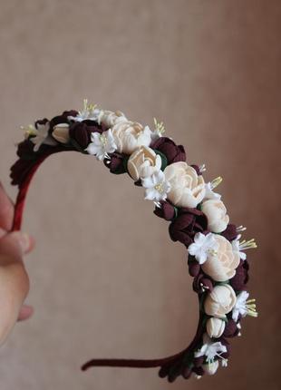 Шикарный обруч-веночек для невесты ручной работы "элегантный бордо"10 фото
