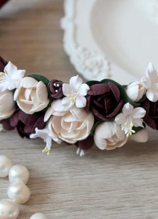 Шикарный обруч-веночек для невесты ручной работы "элегантный бордо"6 фото