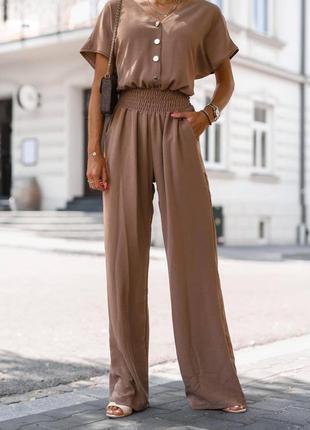 Комбинезон женский бежевый однотонный на пуговицах с карманами брюки свободного кроя качественный стильный3 фото