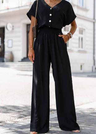 Комбинезон женский черный однотонный на пуговицах с карманами брюки свободного кроя качественный стильный