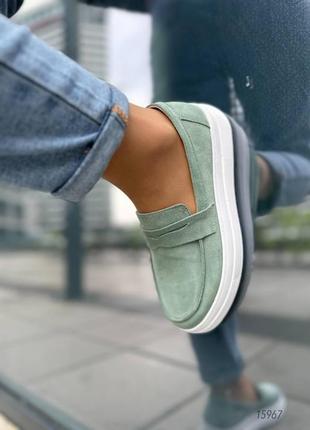 Женские лоферы, мятный, натуральная замша