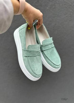 Женские лоферы, мятный, натуральная замша
