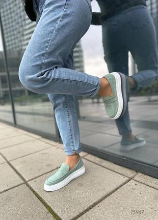 Женские лоферы, мятный, натуральная замша