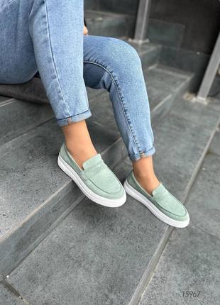 Женские лоферы, мятный, натуральная замша